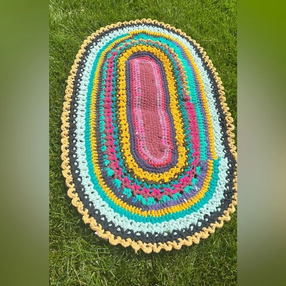 HANDMADE crochet upcycled recycled bohemian multicolor mat Sz 35